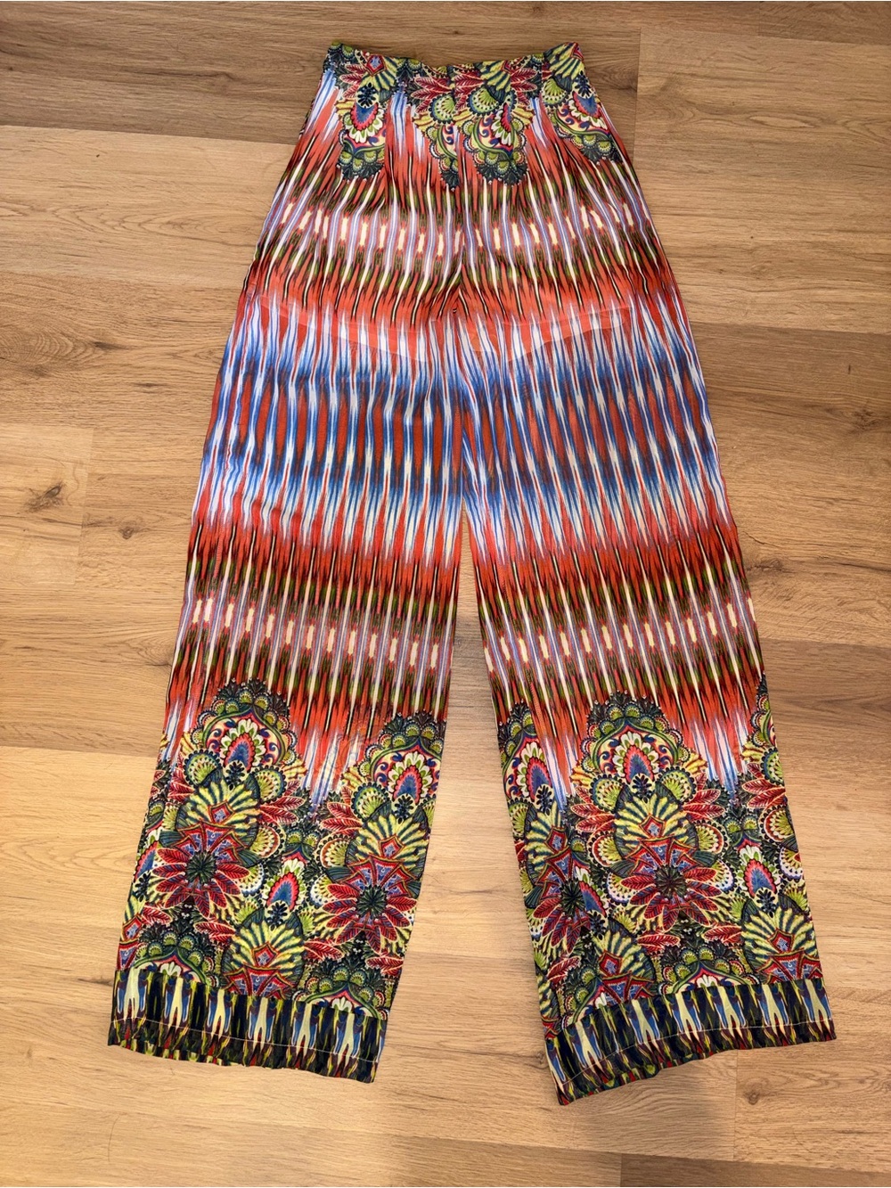 🍑 Mustard Seed Multicolor Tropical Print Wide Leg Sheer pants with shorts under - Picture 2 of 11